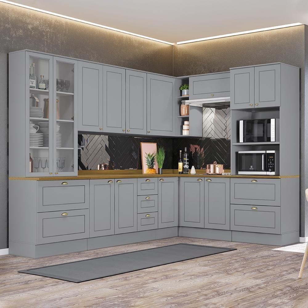 Cozinha Completa De Canto Americana 8 Peças Cinza Com Cristaleira E Tampo Nature - Móveis Henn Cinza - 2