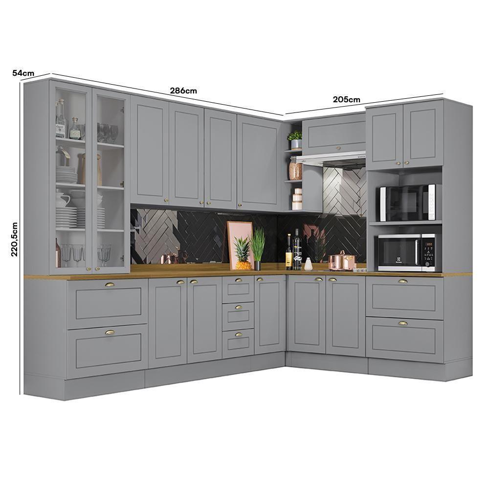 Cozinha Completa De Canto Americana 8 Peças Cinza Com Cristaleira E Tampo Nature - Móveis Henn Cinza - 4