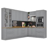 Cozinha Completa De Canto Americana 8 Peças Cinza Com Cristaleira E Tampo Nature - Móveis Henn Cinza - 1