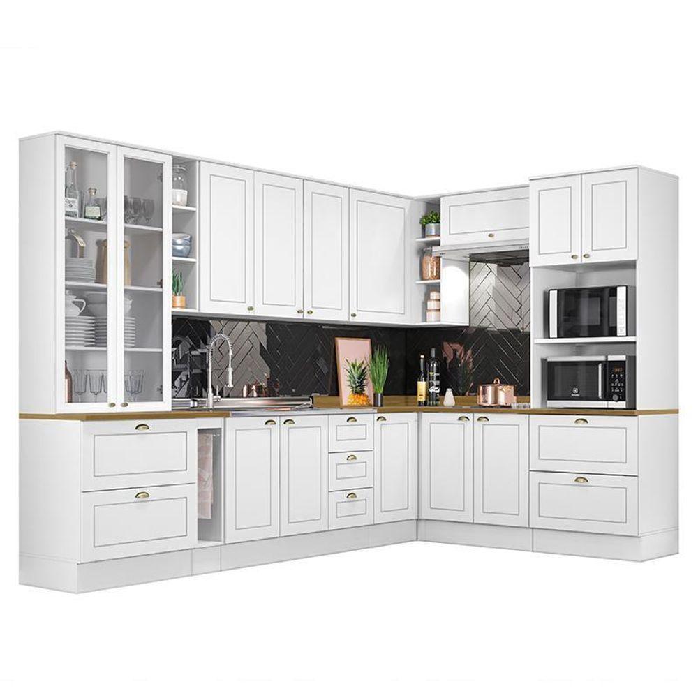 Cozinha Completa De Canto Americana 10 Peças Branco Com Cristaleira E Tampo Nature - Móveis Henn Branco - 1