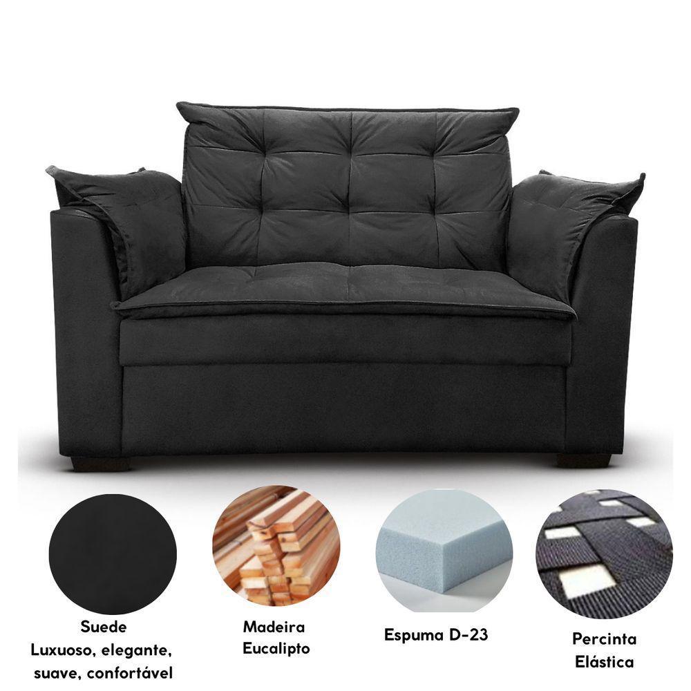 Sofá 2 Lugares Para Sala Moderno Confortável Elegance Suede preto - 5