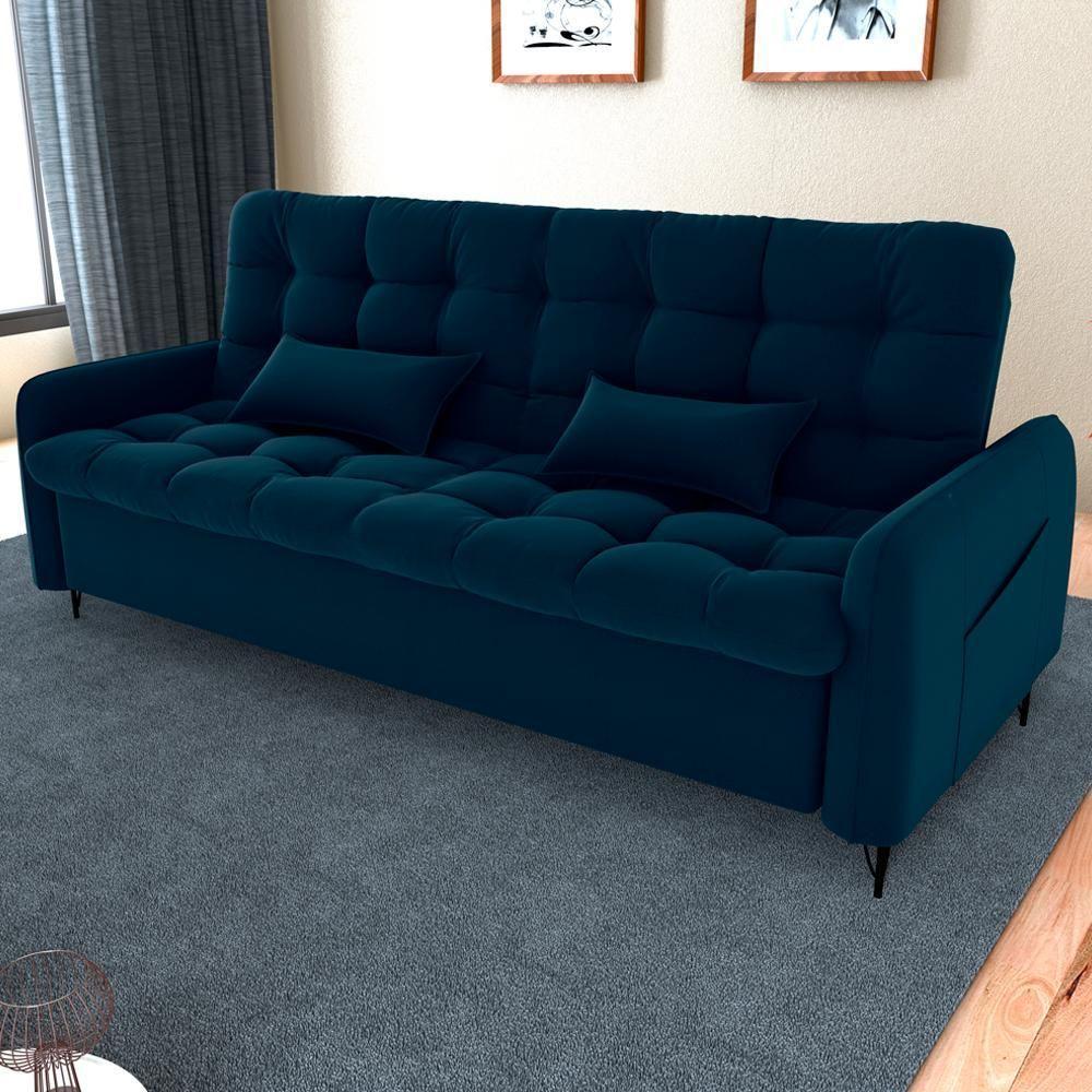 Sofa Cama 2 Lugares 200cm Pillar Veludo E403 Azul Milani Store Azul - 3