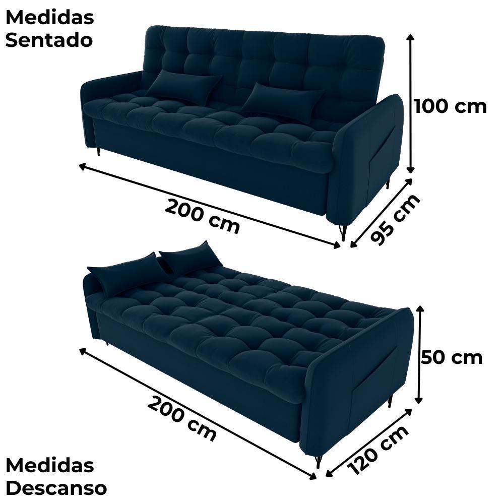 Sofa Cama 2 Lugares 200cm Pillar Veludo E403 Azul Milani Store Azul - 4