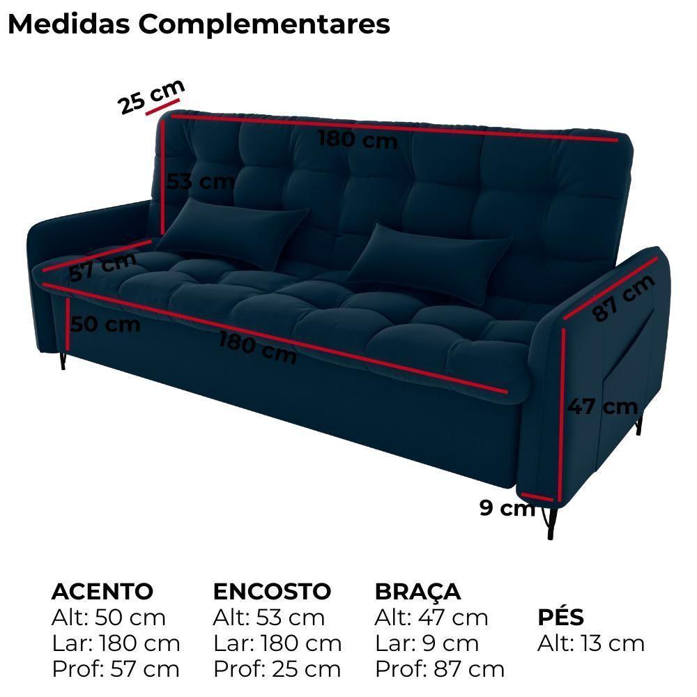 Sofa Cama 2 Lugares 200cm Pillar Veludo E403 Azul Milani Store Azul - 5