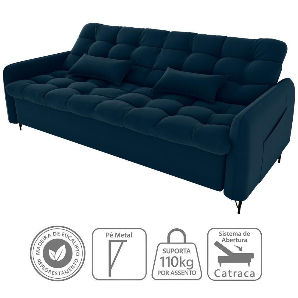 Sofa Cama 2 Lugares 200cm Pillar Veludo E403 Azul Milani Store Azul - 7
