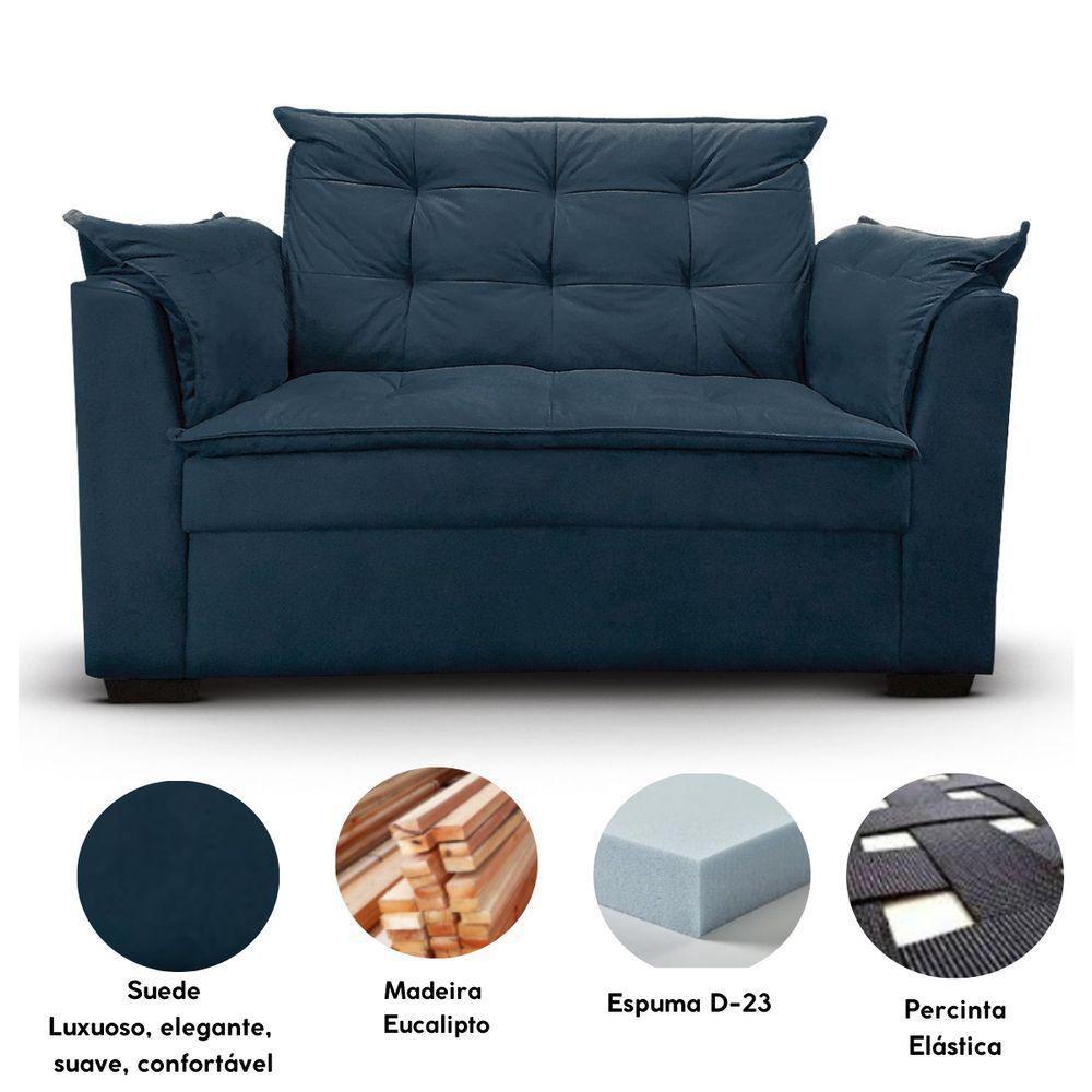 Sofá 2 Lugares Para Sala Moderno Confortável Alicia Suede azul Marinho - 4