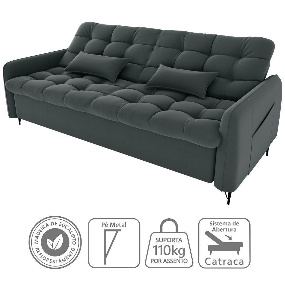 Sofa Cama 2 Lugares 200cm Pillar Veludo E401 Chumbo Milani Store Chumboo - 6