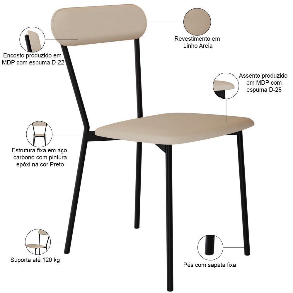 Kit 02 Cadeiras Estofada Para Sala De Jantar Liora Preto C01 Linho Areia - Lyam Decor - 4