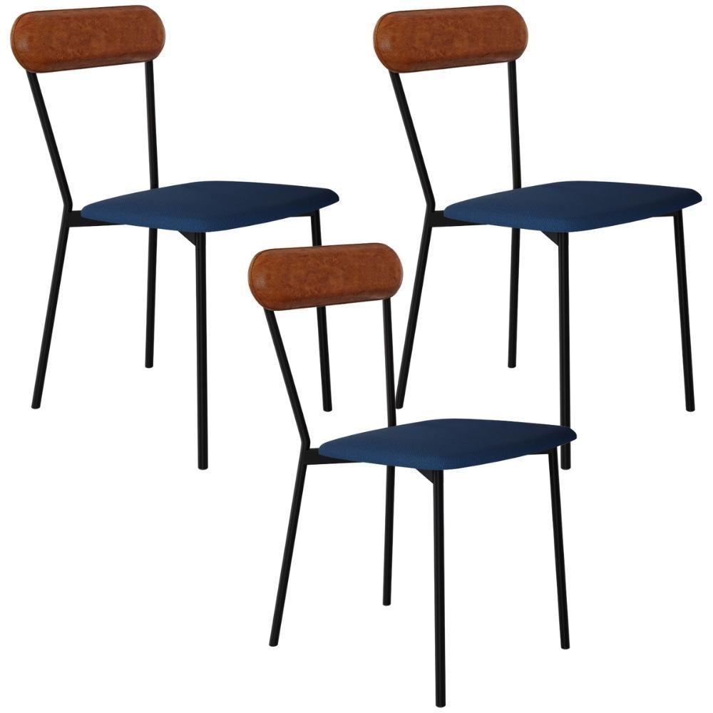 Kit 03 Cadeiras Estofada Para Sala De Jantar Liora Preto C01 Linho Azul Courino Caramelo - Lyam Decor - 1