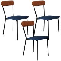 Kit 03 Cadeiras Estofada Para Sala De Jantar Liora Preto C01 Linho Azul Courino Caramelo - Lyam Decor - 1