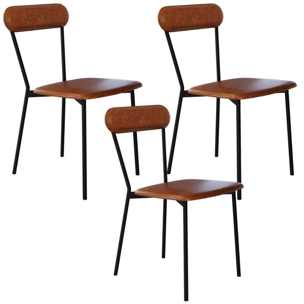 Kit 03 Cadeiras Estofada Para Sala De Jantar Liora Preto C01 Courino Caramelo - Lyam Decor - 1