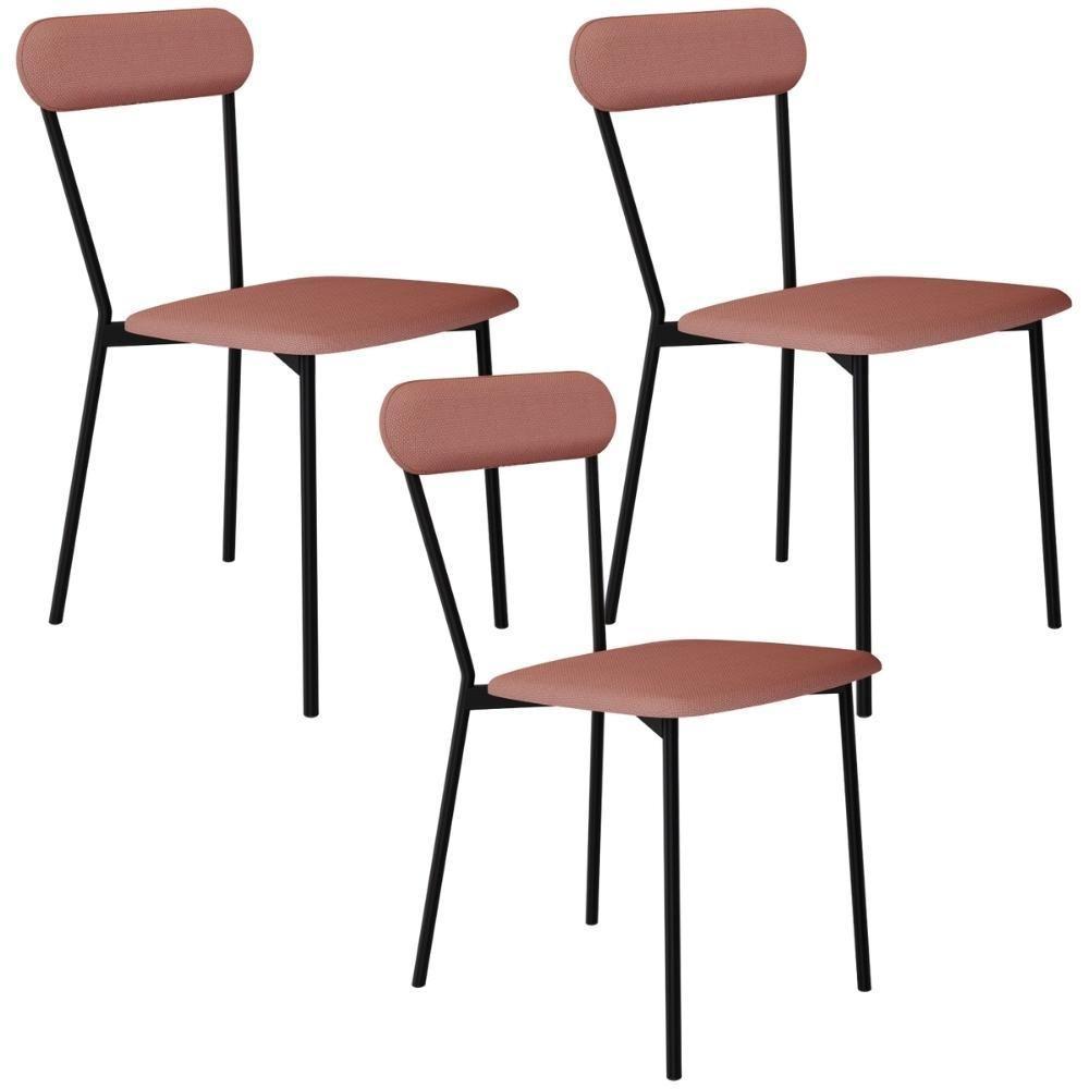 Kit 03 Cadeiras Estofada Para Sala De Jantar Liora Preto C01 Linho Rosê - Lyam Decor - 1