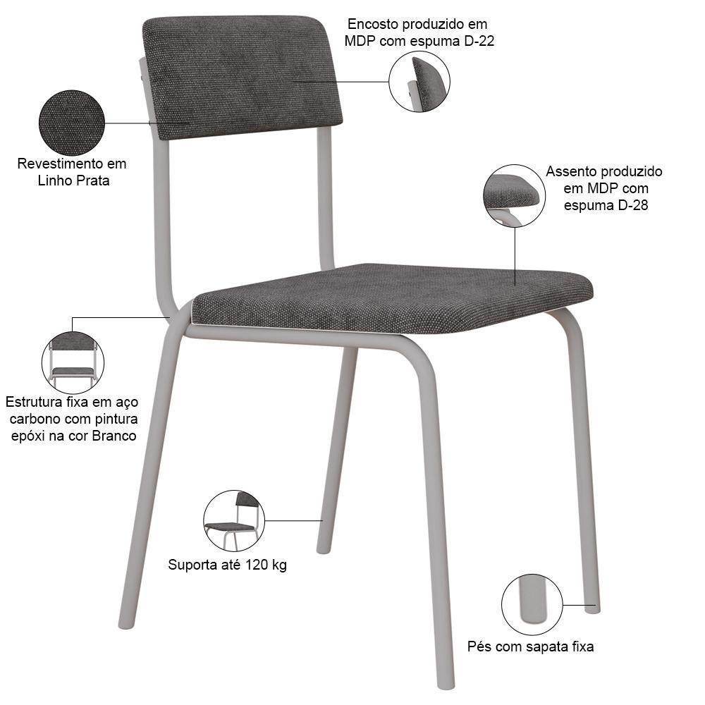 Kit 02 Cadeiras Estofada Para Sala De Jantar Sense Branco C01 Linho Prata - Lyam Decor - 4