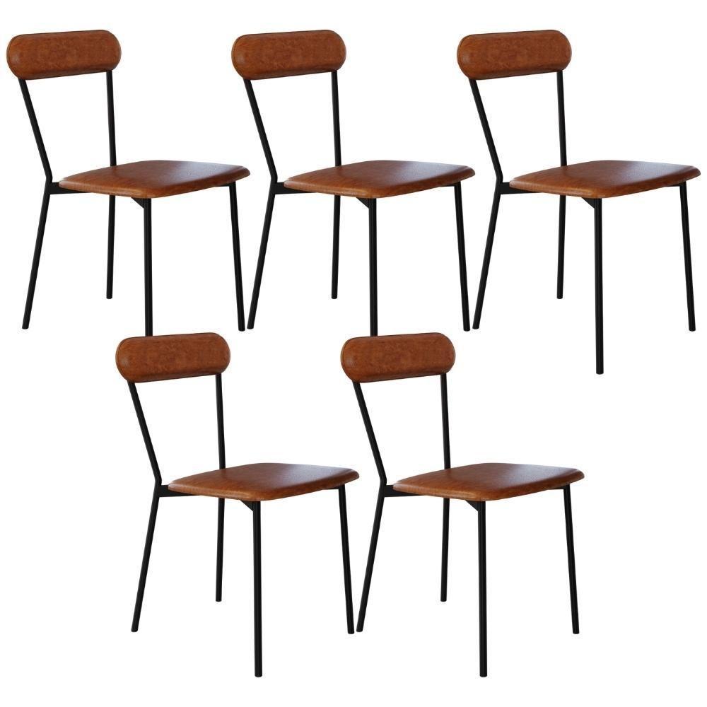 Kit 05 Cadeiras Estofada Para Sala De Jantar Liora Preto C01 Courino Caramelo - Lyam Decor - 1