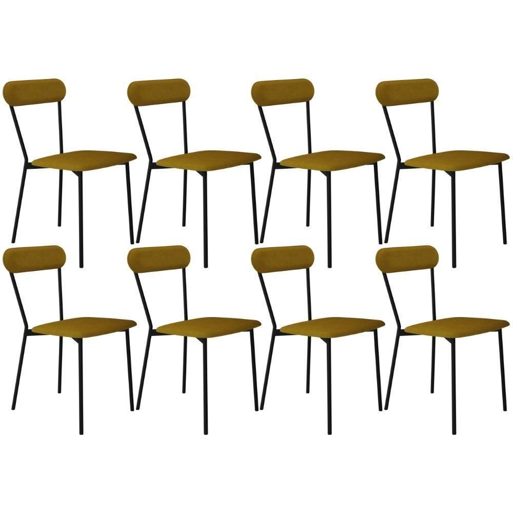 Kit 08 Cadeiras Estofada Para Sala De Jantar Liora Preto C01 Linho Mostarda - Lyam Decor - 1