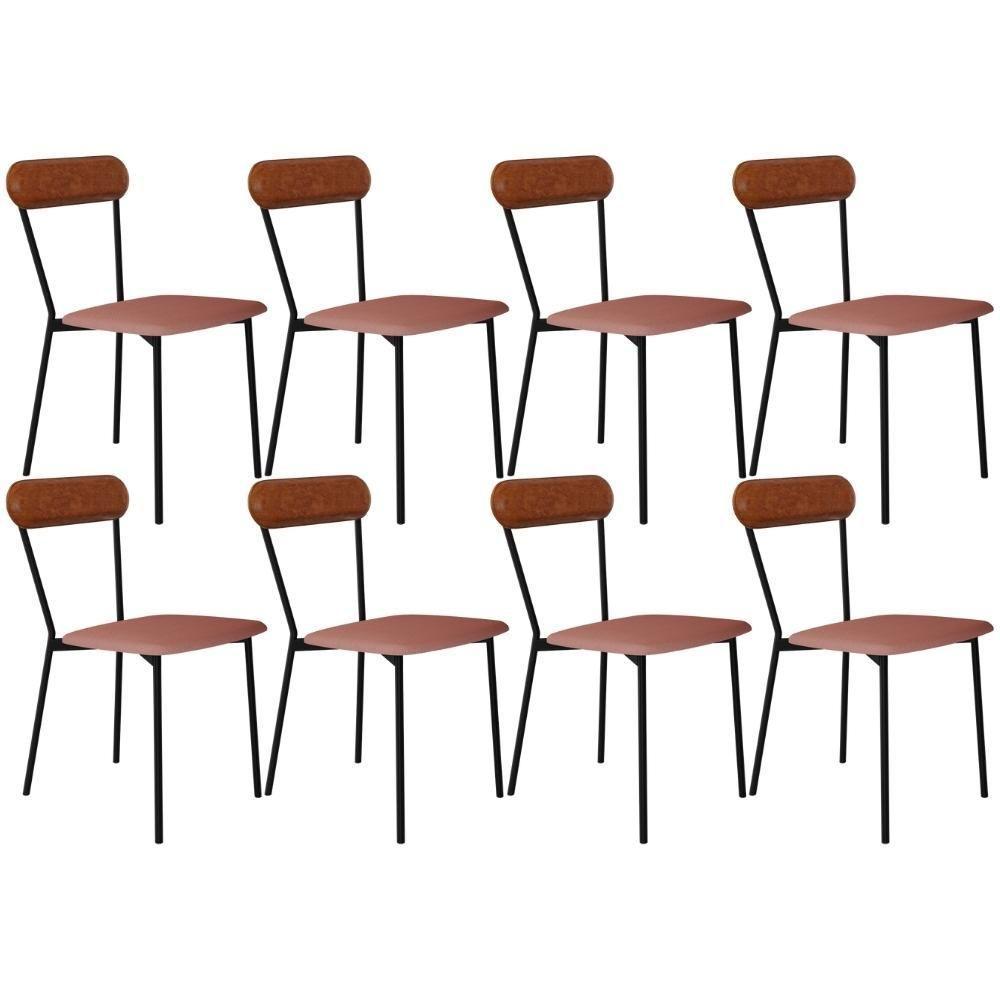 Kit 08 Cadeiras Estofada Para Sala De Jantar Liora Preto C01 Linho Rosê Courino Caramelo - Lyam Decor - 1