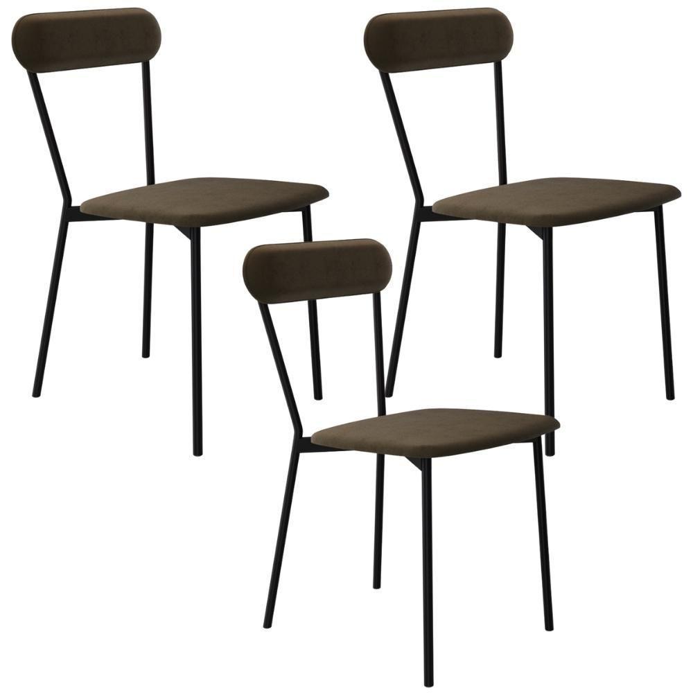 Kit 03 Cadeiras Estofada Para Sala De Jantar Liora Preto C01 Veludo Marrom Sand - Lyam Decor - 1