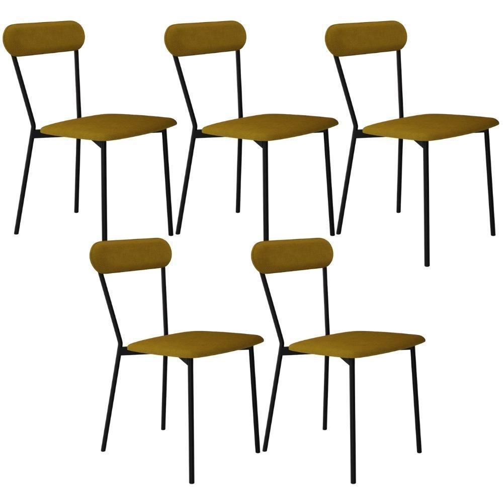 Kit 05 Cadeiras Estofada Para Sala De Jantar Liora Preto C01 Linho Mostarda - Lyam Decor - 1