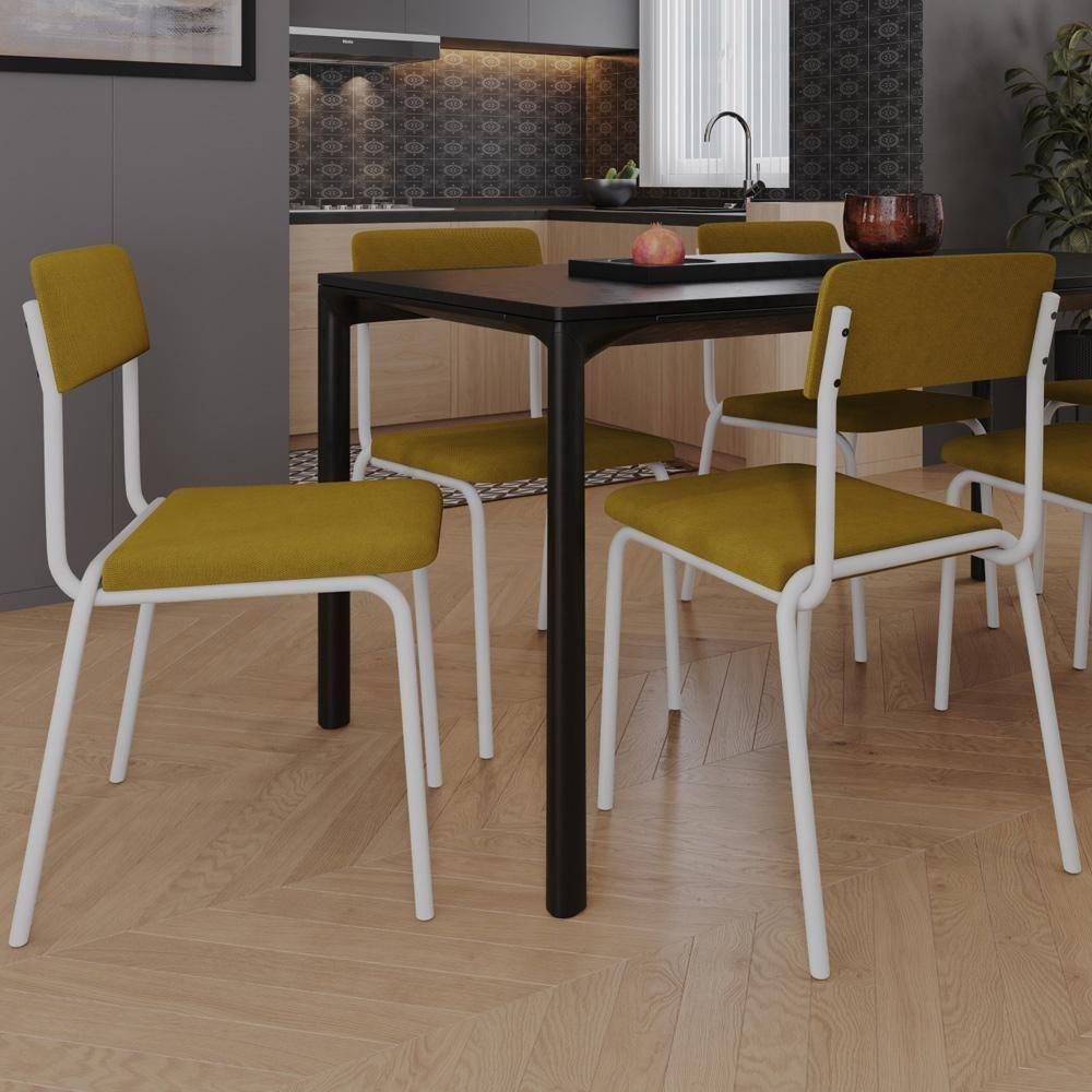 Kit 08 Cadeiras Estofada Para Sala De Jantar Sense Branco C01 Linho Mostarda - Lyam Decor - 2