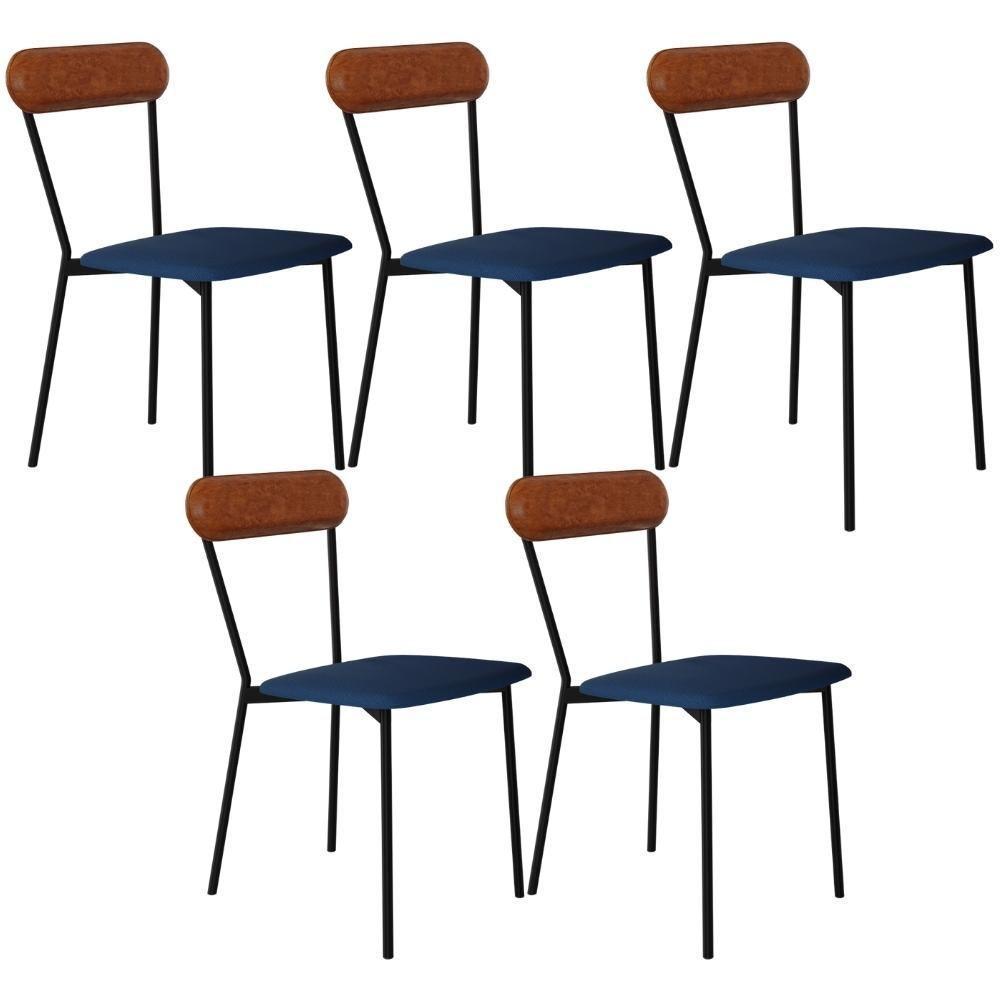 Kit 05 Cadeiras Estofada Para Sala De Jantar Liora Preto C01 Linho Azul Courino Caramelo - Lyam Decor - 1