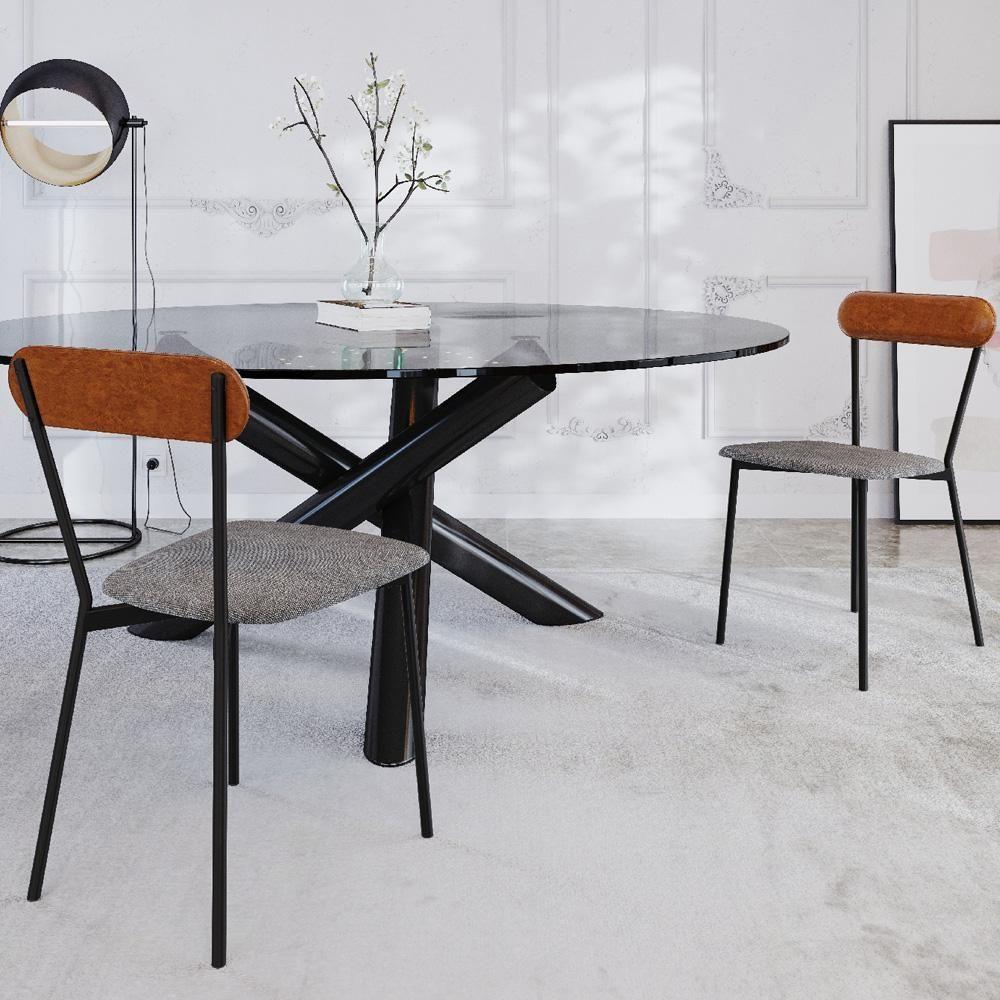 Kit 05 Cadeiras Estofada Para Sala De Jantar Liora Preto C01 Linho Prata Courino Caramelo - Lyam Decor - 2