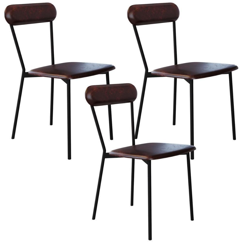 Kit 03 Cadeiras Estofada Para Sala De Jantar Liora Preto C01 Courino Café - Lyam Decor - 1