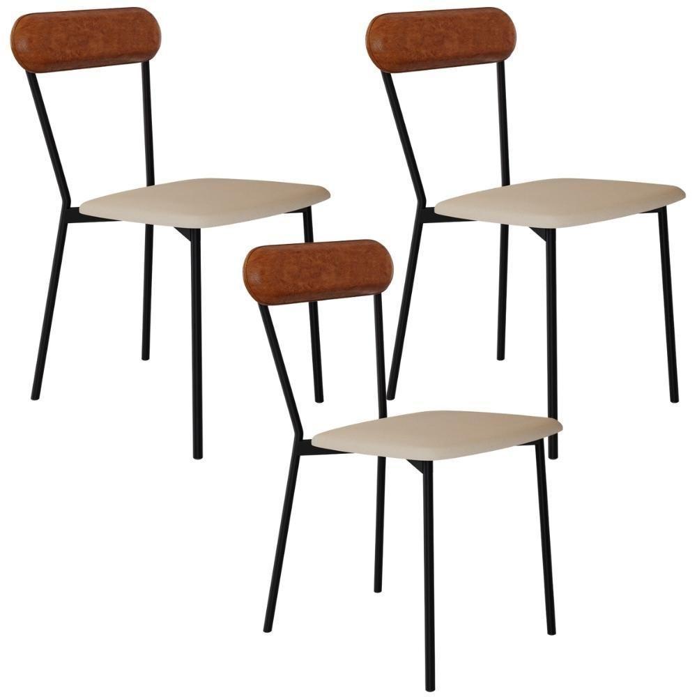 Kit 03 Cadeiras Estofada Para Sala De Jantar Liora Preto C01 Linho Areia Courino Caramelo - Lyam Decor - 1