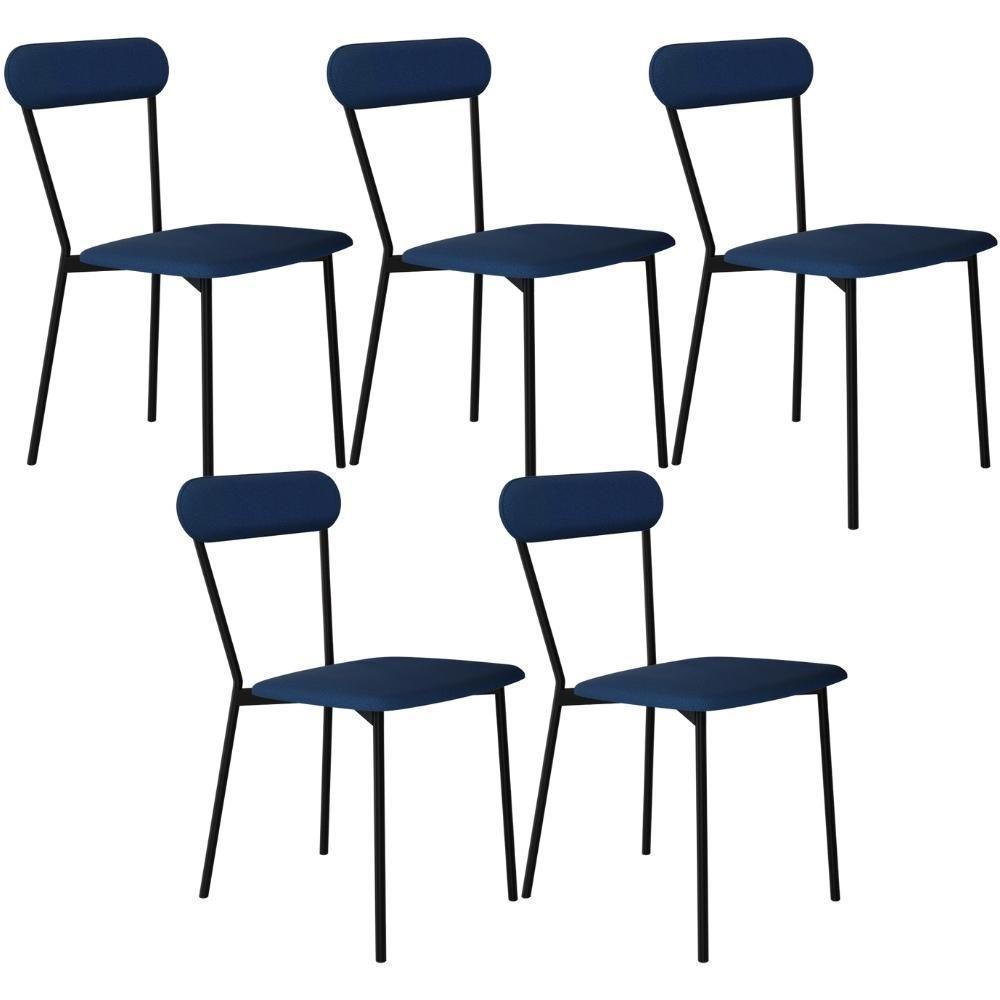 Kit 05 Cadeiras Estofada Para Sala De Jantar Liora Preto C01 Linho Azul - Lyam Decor - 1