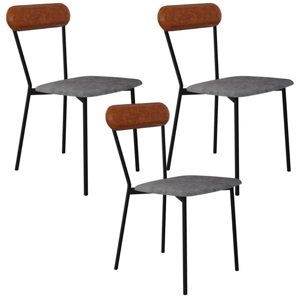 Kit 03 Cadeiras Estofada Para Sala De Jantar Liora Preto C01 Linho Prata Courino Caramelo - Lyam Decor - 1