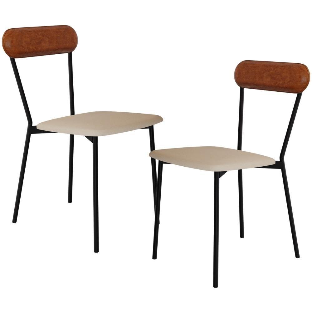 Kit 02 Cadeiras Estofada Para Sala De Jantar Liora Preto C01 Linho Areia Courino Caramelo - Lyam Decor - 1