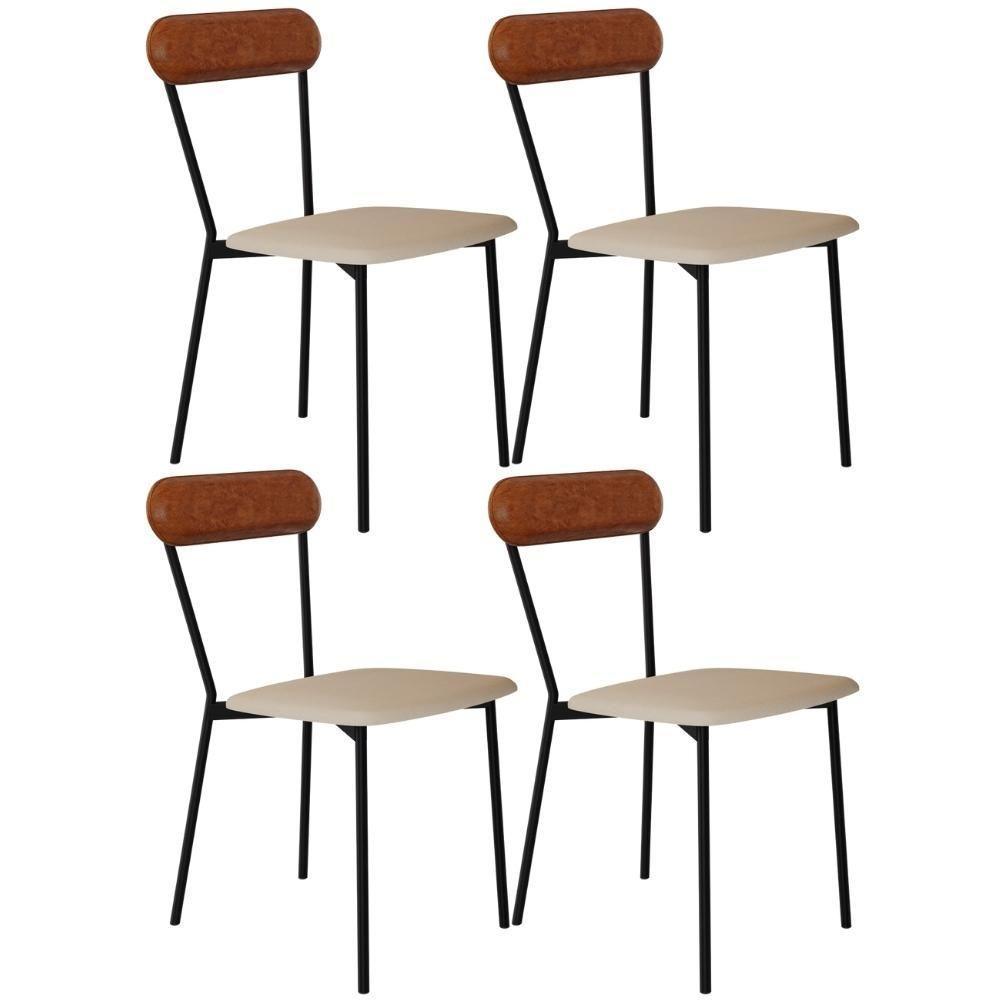 Kit 04 Cadeiras Estofada Para Sala De Jantar Liora Preto C01 Linho Areia Courino Caramelo - Lyam Decor - 1