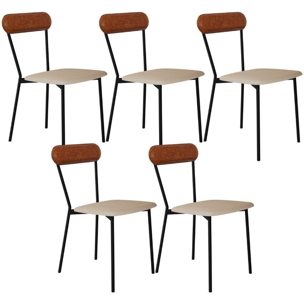 Kit 05 Cadeiras Estofada Para Sala De Jantar Liora Preto C01 Linho Areia Courino Caramelo - Lyam Decor - 1