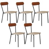 Kit 05 Cadeiras Estofada Para Sala De Jantar Liora Preto C01 Linho Areia Courino Caramelo - Lyam Decor - 1