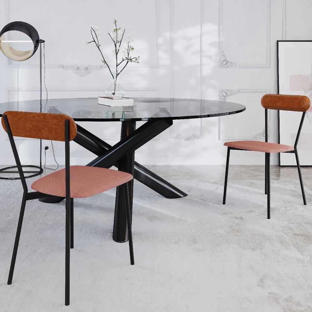 Kit 04 Cadeiras Estofada Para Sala De Jantar Liora Preto C01 Linho Rosê Courino Caramelo - Lyam Decor - 2