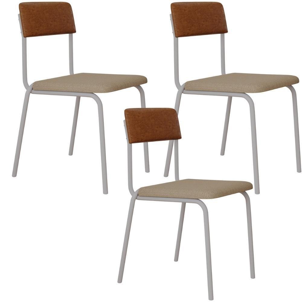 Kit 03 Cadeiras Estofada Para Sala De Jantar Sense Branco C01 Linho Areia Courino Caramelo - Lyam Decor - 1