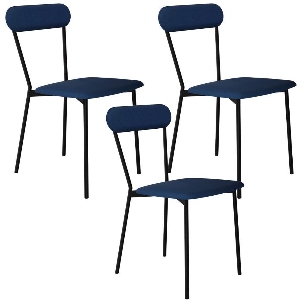 Kit 03 Cadeiras Estofada Para Sala De Jantar Liora Preto C01 Linho Azul - Lyam Decor - 1