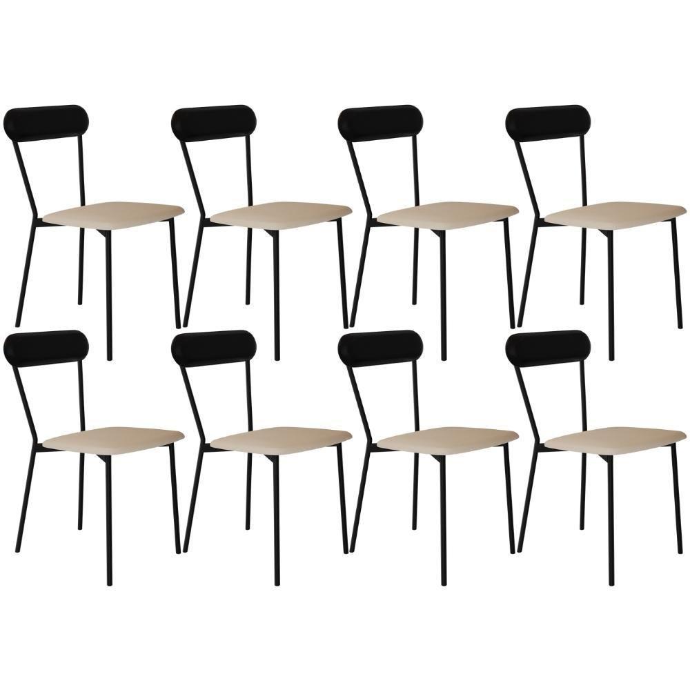 Kit 08 Cadeiras Estofada Para Sala De Jantar Liora Preto C01 Linho Areia Courino Preto - Lyam Decor - 1