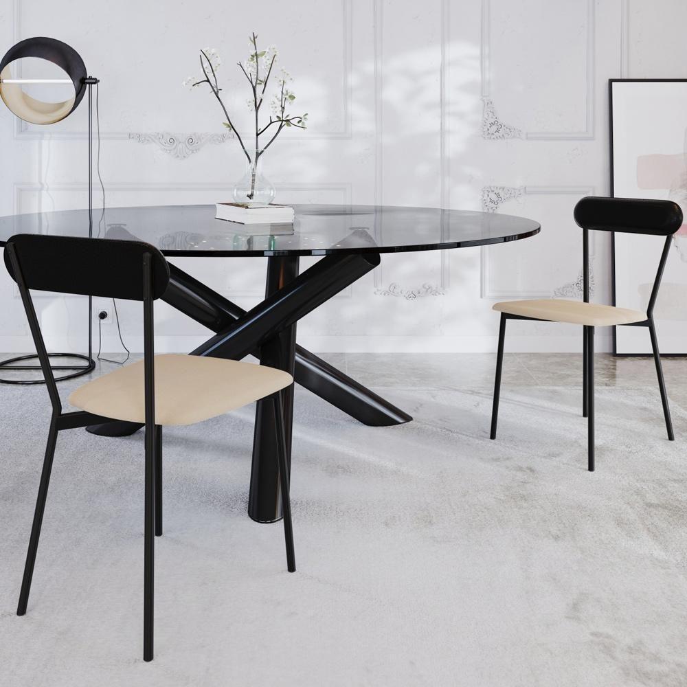 Kit 08 Cadeiras Estofada Para Sala De Jantar Liora Preto C01 Linho Areia Courino Preto - Lyam Decor - 2