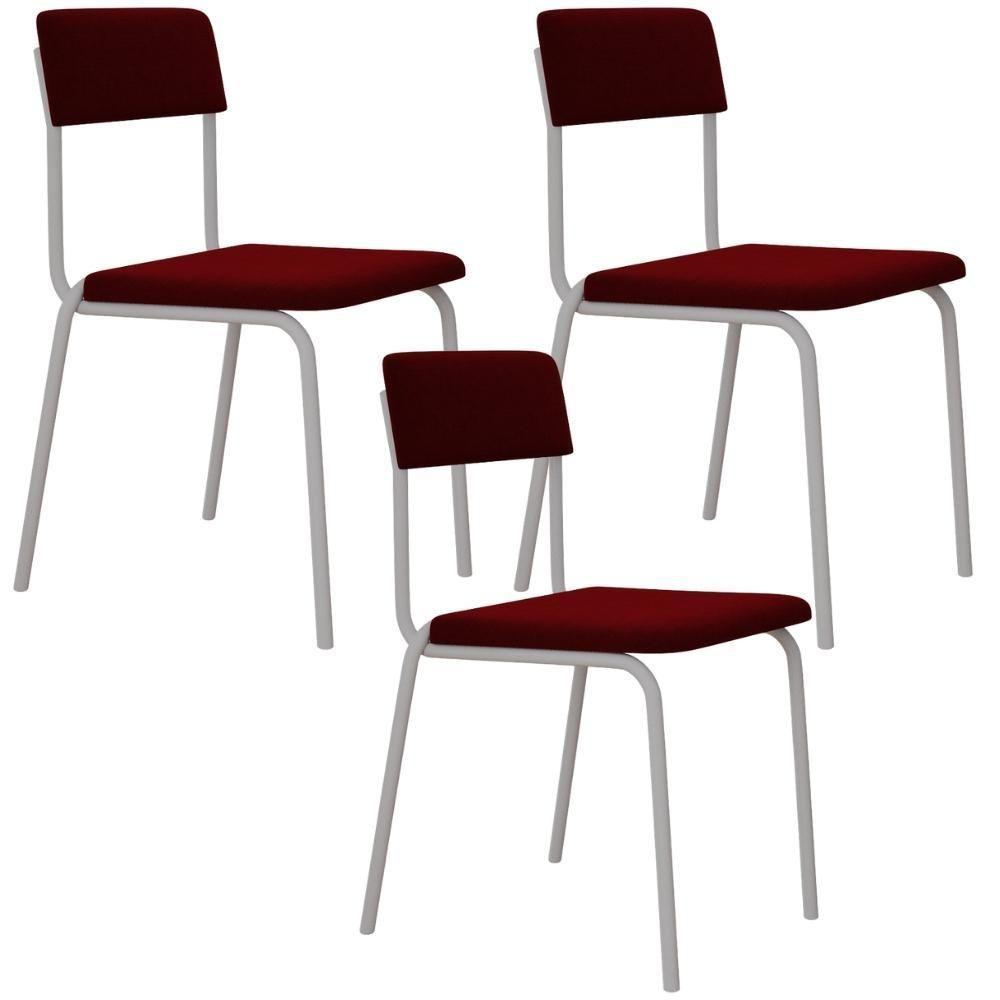 Kit 03 Cadeiras Estofada Para Sala De Jantar Sense Branco C01 Veludo Vermelho Vinho - Lyam Decor - 1
