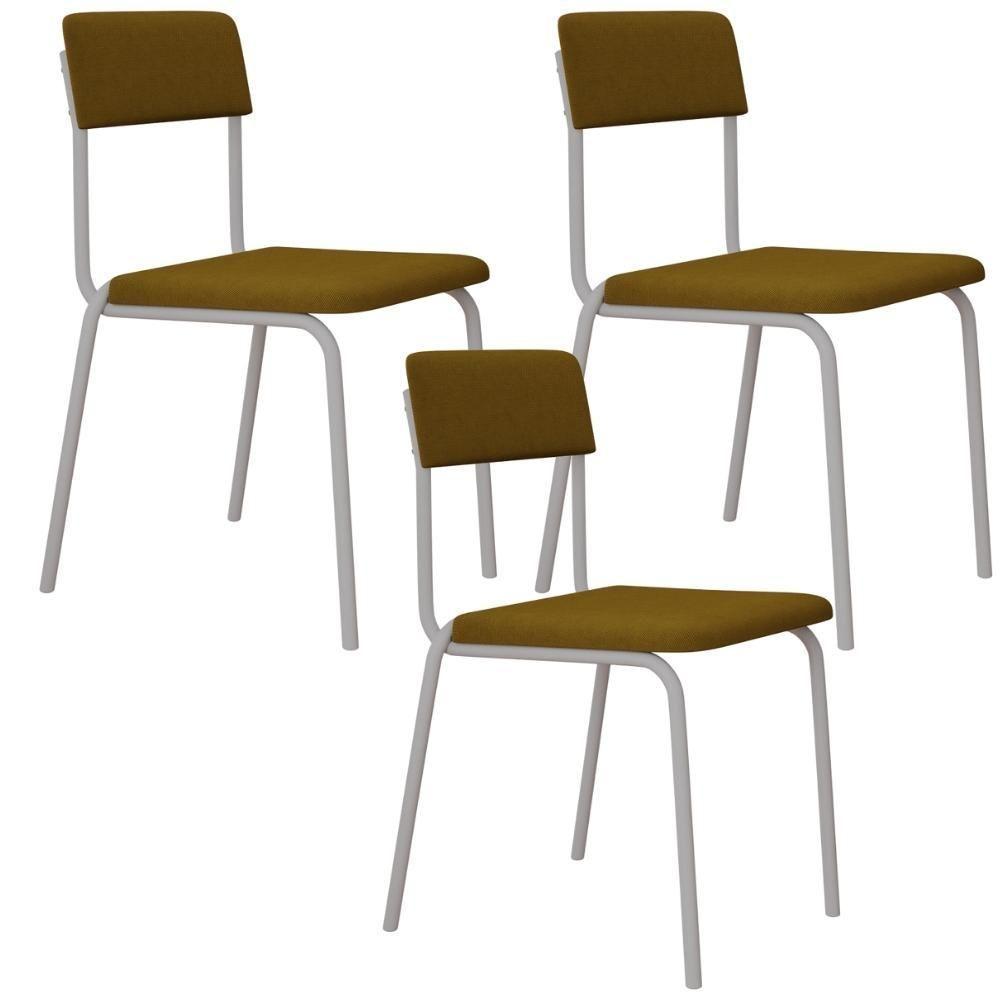 Kit 03 Cadeiras Estofada Para Sala De Jantar Sense Branco C01 Linho Mostarda - Lyam Decor - 1