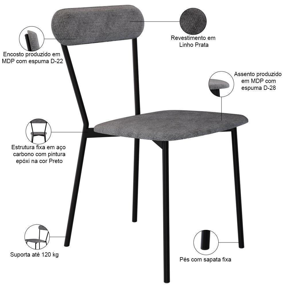 Kit 04 Cadeiras Estofada Para Sala De Jantar Liora Preto C01 Linho Prata - Lyam Decor - 4