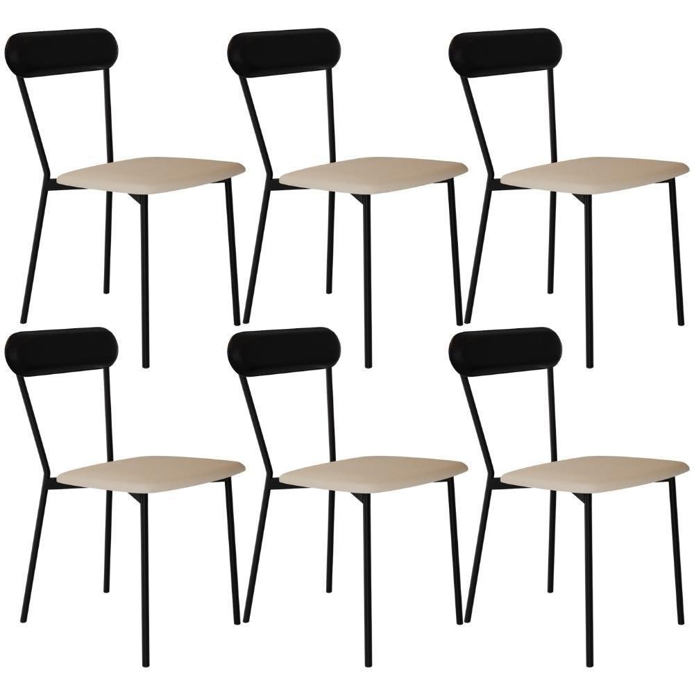Kit 06 Cadeiras Estofada Para Sala De Jantar Liora Preto C01 Linho Areia Courino Preto - Lyam Decor - 1