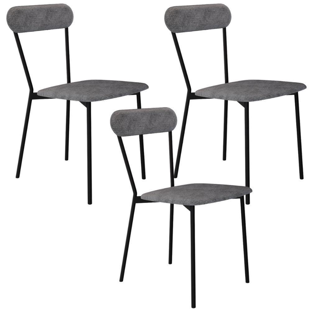 Kit 03 Cadeiras Estofada Para Sala De Jantar Liora Preto C01 Linho Prata - Lyam Decor - 1