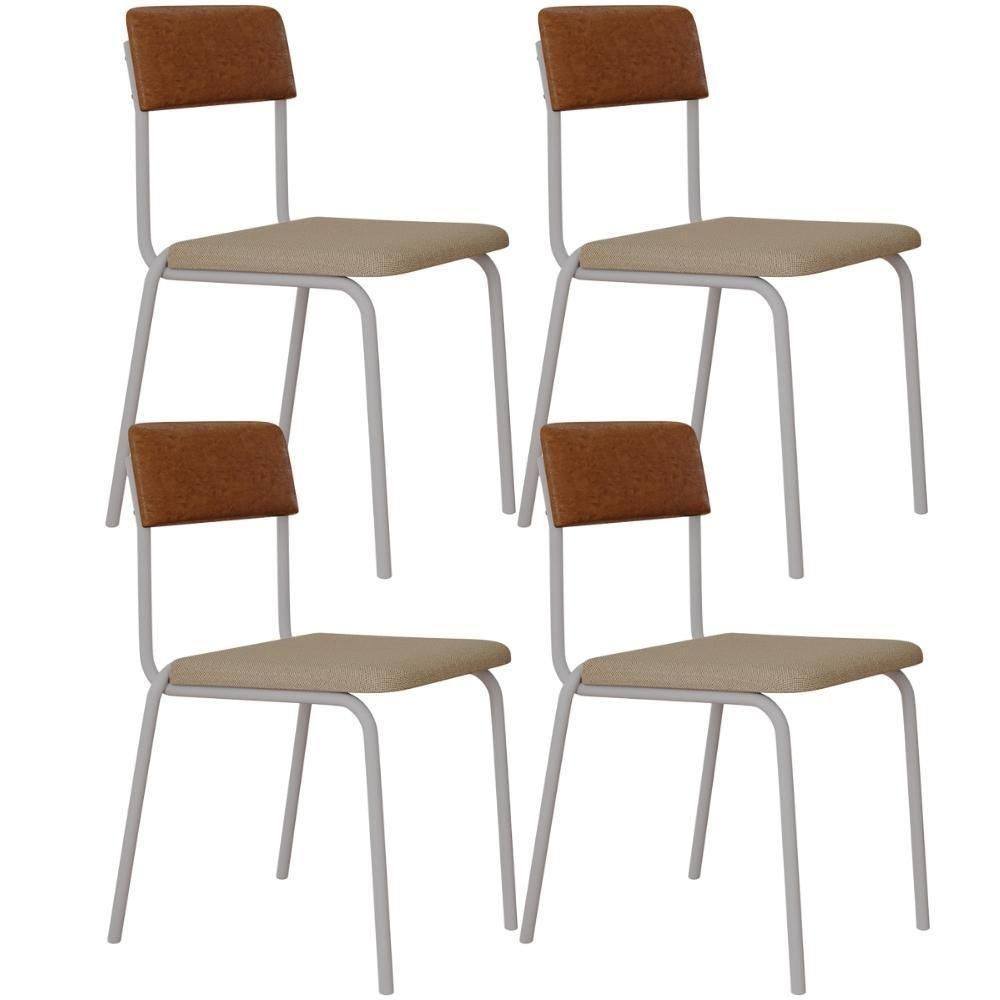 Kit 04 Cadeiras Estofada Para Sala De Jantar Sense Branco C01 Linho Areia Courino Caramelo - Lyam Decor - 1