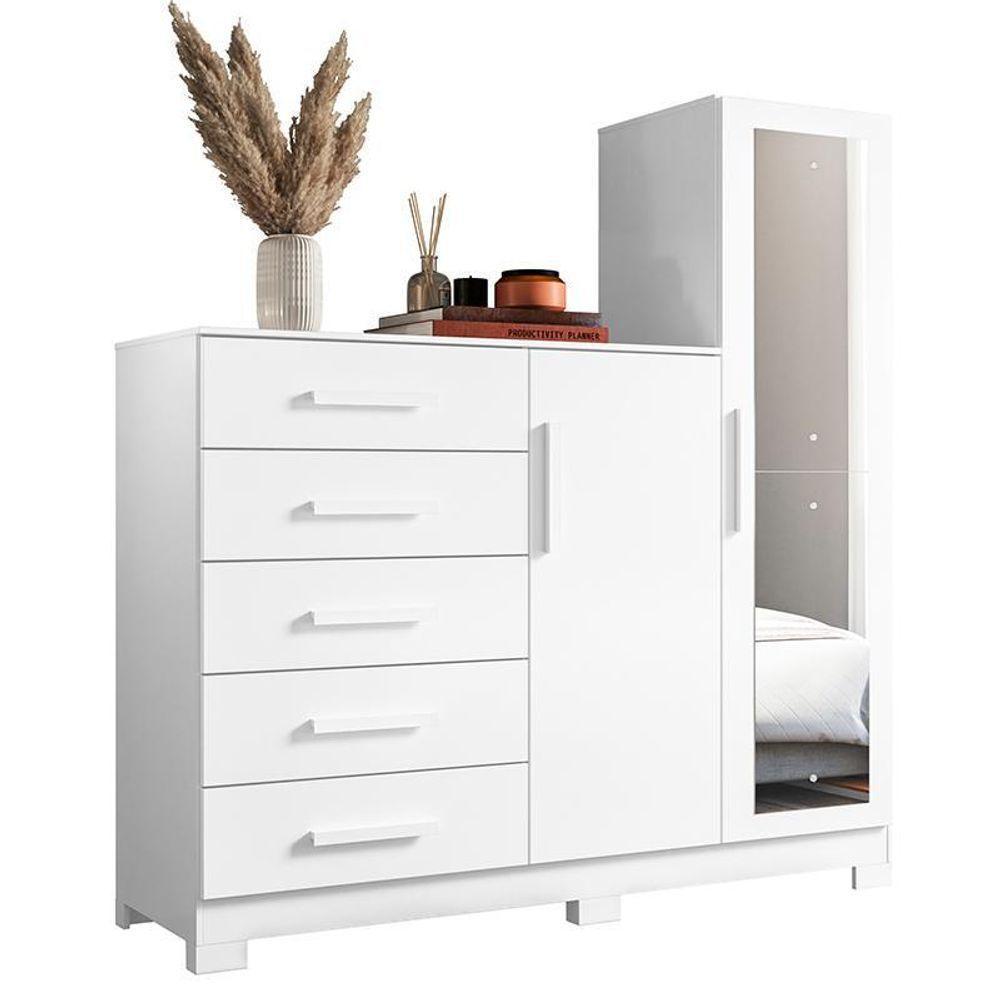 Cômoda New Master Com Espelho, 2 Portas E 5 Gavetas Branco - Móveis Albatroz Branco - 1