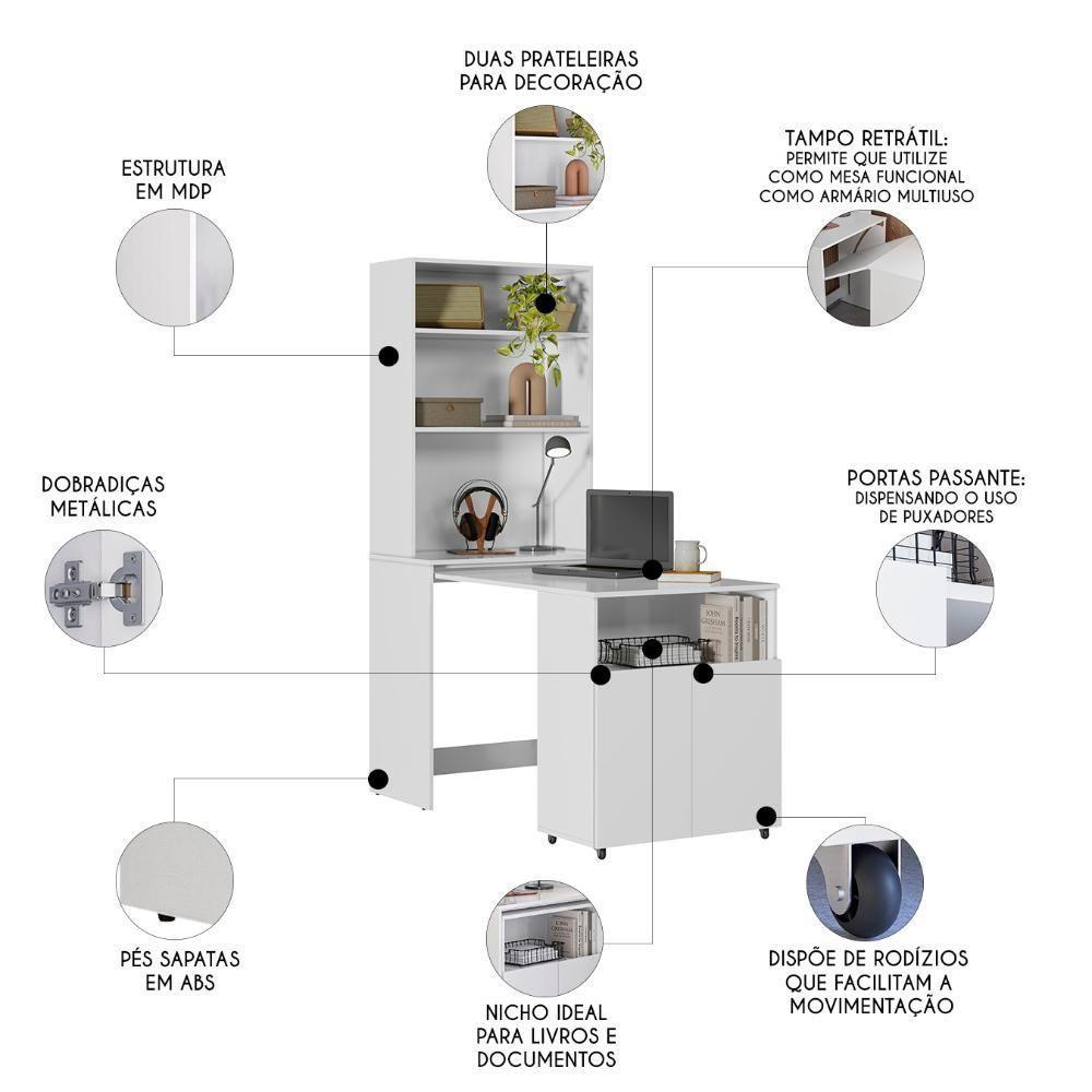 Mesa Escrivaninha Bancada De Estudos Para Quarto Salt Branco Z06 - Mpozenato - 3
