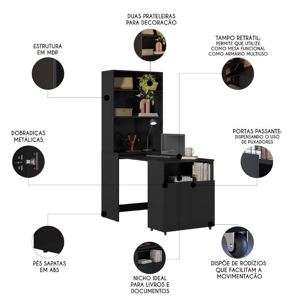 Mesa Escrivaninha Bancada De Estudos Para Quarto Salt Preto Z06 - Mpozenato - 3