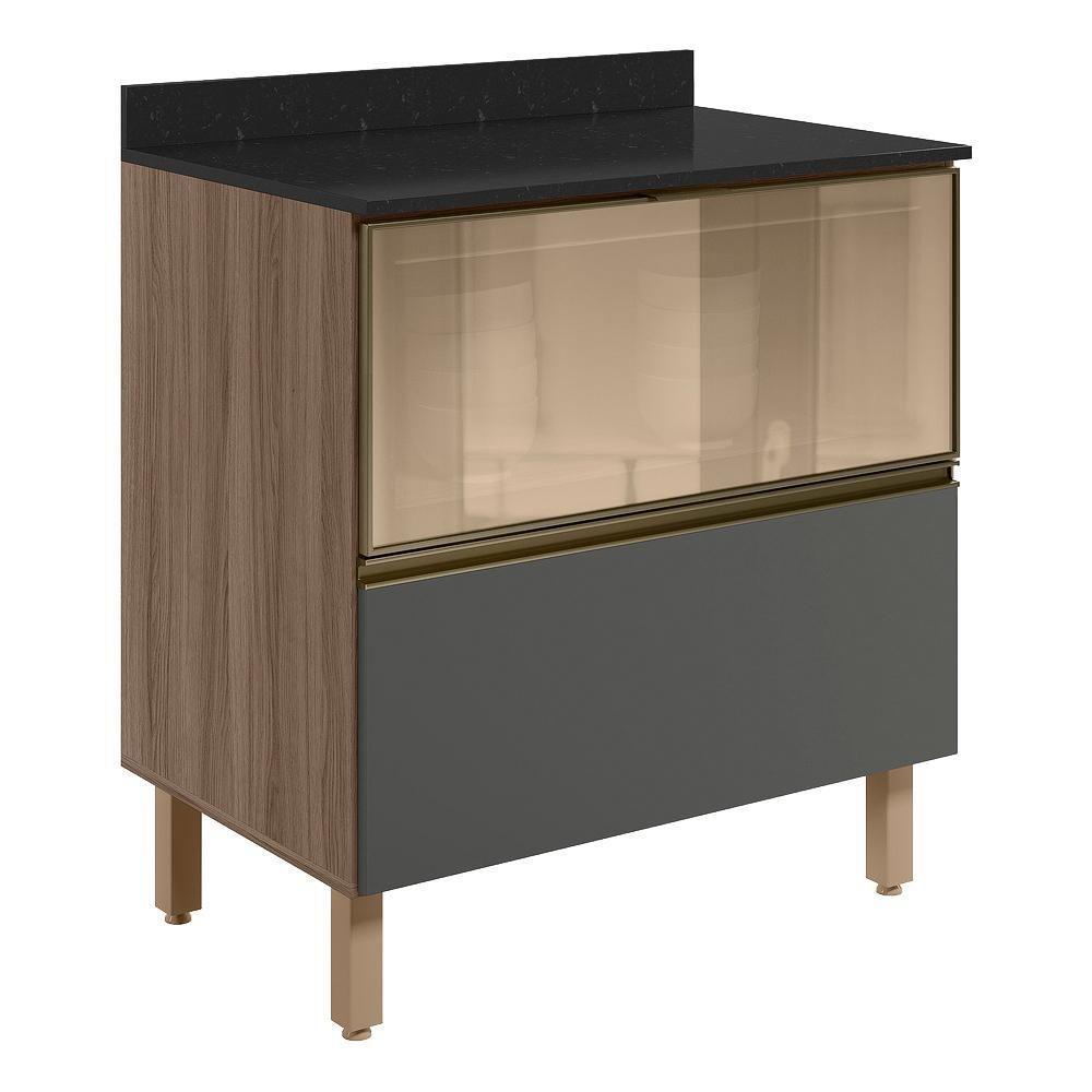 Balcao Tampo 2g Vidro 80cm Mdf Kali 16415 Nicioli Carvalho Toq Chumbo - 1