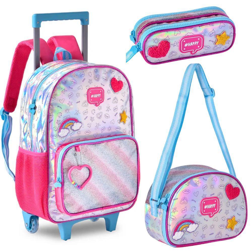 Kit Mochila De Rodinhas + Lancheira Térmica + Estojo Duplo Happy Clio Azul - 1