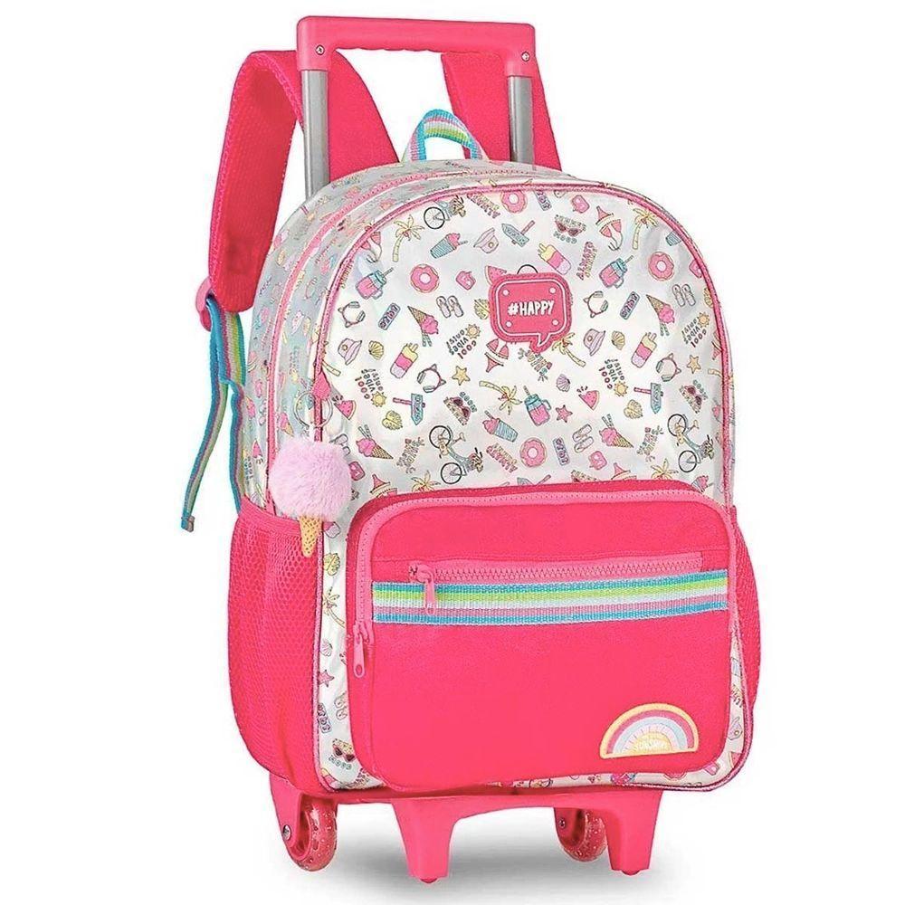 Kit Mochila De Rodinhas + Lancheira Térmica + Estojo Duplo Happy Clio Rosa - 3